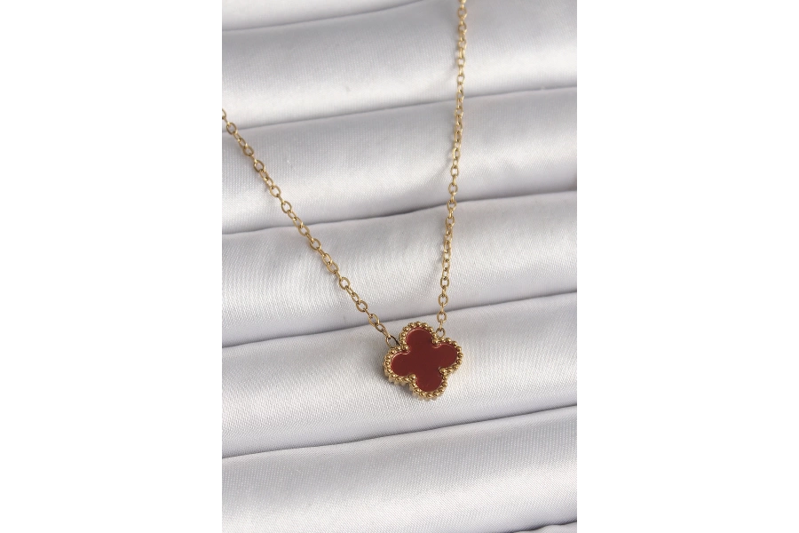Shoecide 316l Çelik Gold Renk Bordo Yonca Model Kadın Kolye