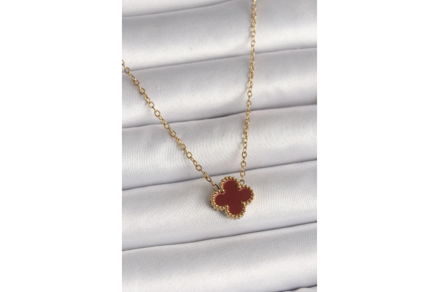 Shoecide 316l Çelik Gold Renk Bordo Yonca Model Kadın Kolye
