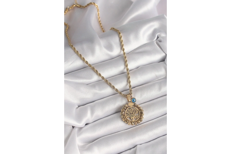 Shoecide 316l Çelik Gold Renk Burgu Zincir Dorika Yaşam Ağacı Figür Nazar Boncuk Detay Kadın Kolye