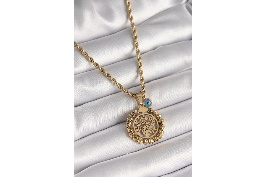 Shoecide 316l Çelik Gold Renk Burgu Zincir Dorika Yaşam Ağacı Figür Nazar Boncuk Detay Kadın Kolye