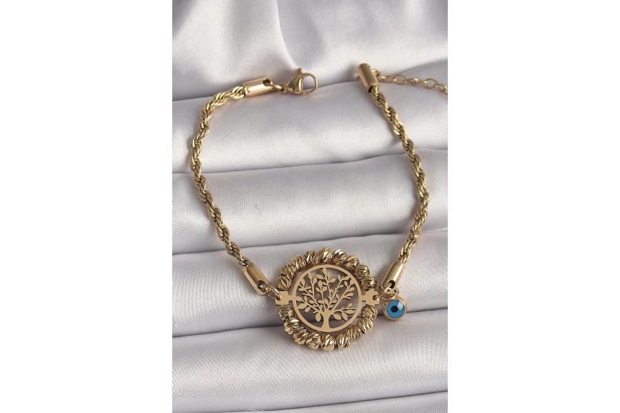 Shoecide 316l Çelik Gold Renk Burgu Zincir Model Dorika Yaşam Ağacı Figür Nazar Boncuk Detay Kadın Bileklik
