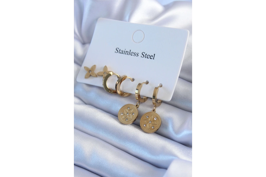Shoecide 316l Çelik Gold Renk Çiçek İşleme Zirkon Taş Detay Kadın Küpe Seti