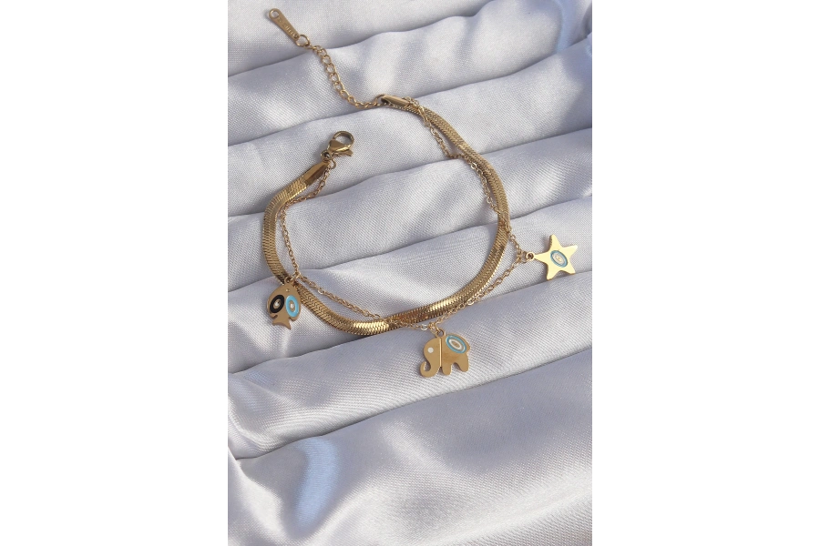 Shoecide 316l Çelik Gold Renk Çift Zincir Çoklu Aksesuarlı Bileklik