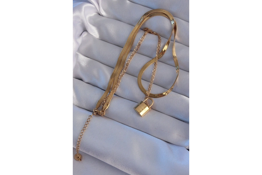 Shoecide 316l Çelik Gold Renk Çift Zincir Kilit Model Kolye
