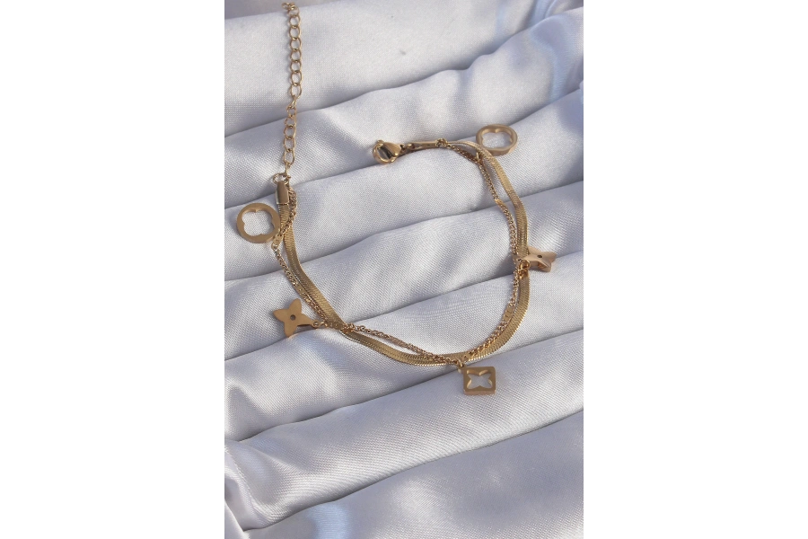 Shoecide 316l Çelik Gold Renk Çift Zincir Yonca Tasarım Bileklik