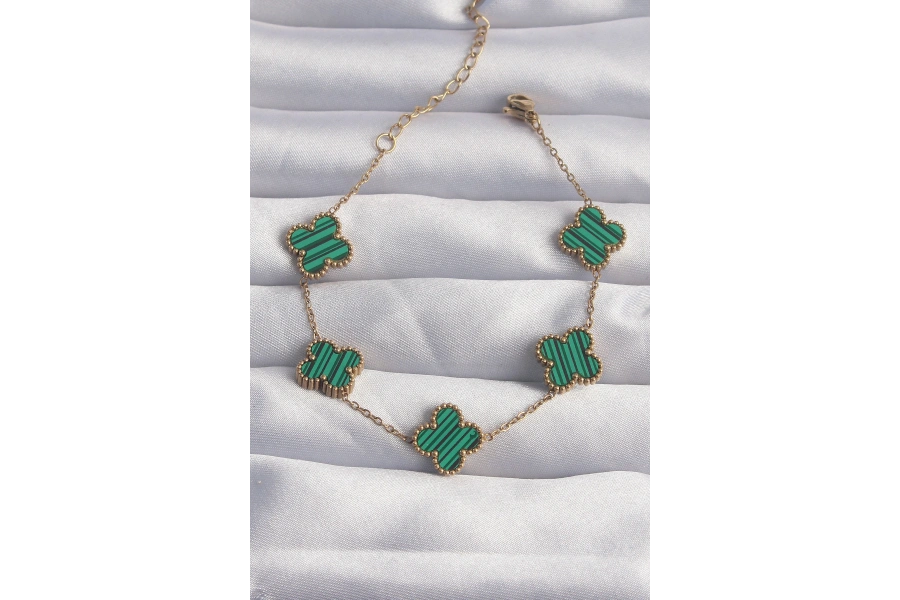 Shoecide 316l Çelik Gold Renk Çizgili Yeşil Mineli Yonca Bileklik