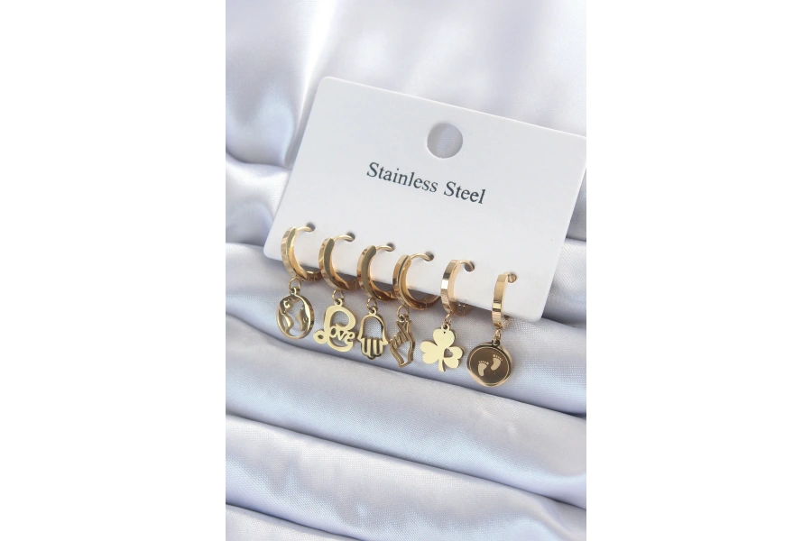 Shoecide 316l Çelik Gold Renk Çoklu Figür Model Kadın Küpe Seti