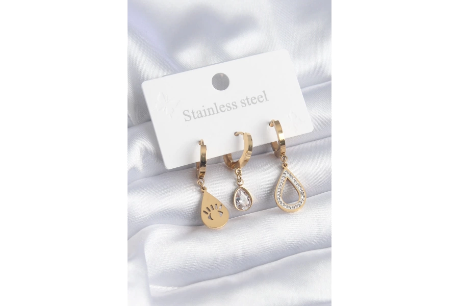 Shoecide 316l Çelik Gold Renk Damla Model Göz İşleme Zirkon Taş Detay Kadın Küpe