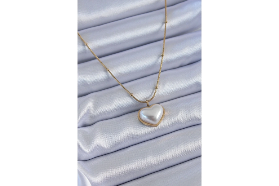 Shoecide 316l Çelik Gold Renk İncili Kalp Model Minimal Top Detay Kadın Kolye