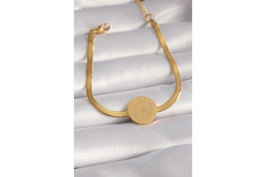 Shoecide 316l Çelik Gold Renk İtalyan Zincir Model İşlemeli Madalyon Figür Kadın Bileklik