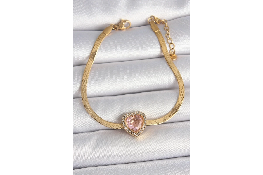 Shoecide 316l Çelik Gold Renk İtalyan Zincir Pembe Zirkon Taşlı Kalp Model Kadın Bileklik