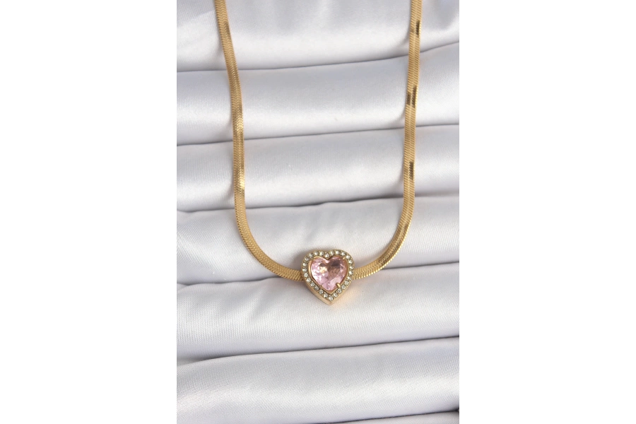 Shoecide 316l Çelik Gold Renk İtalyan Zincir Pembe Zirkon Taşlı Kalp Model Kadın Kolye