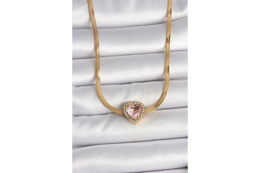 Shoecide 316l Çelik Gold Renk İtalyan Zincir Pembe Zirkon Taşlı Kalp Model Kadın Kolye