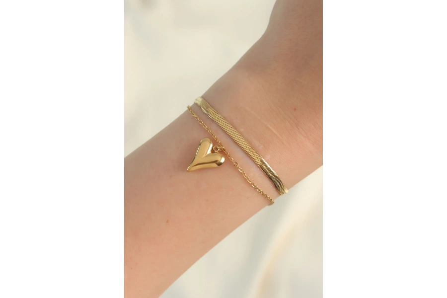 Shoecide 316l Çelik Gold Renk İtalyan Zincirli Kalp Model Bileklik