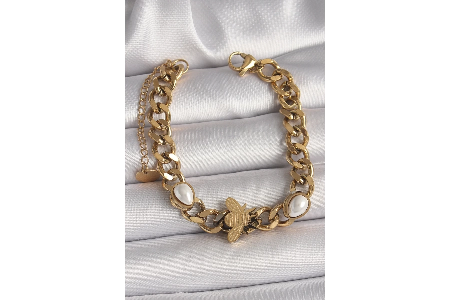 Shoecide 316l Çelik Gold Renk Kalın Zincir Model Arı Figür Damla İnci Detay Kadın Bileklik