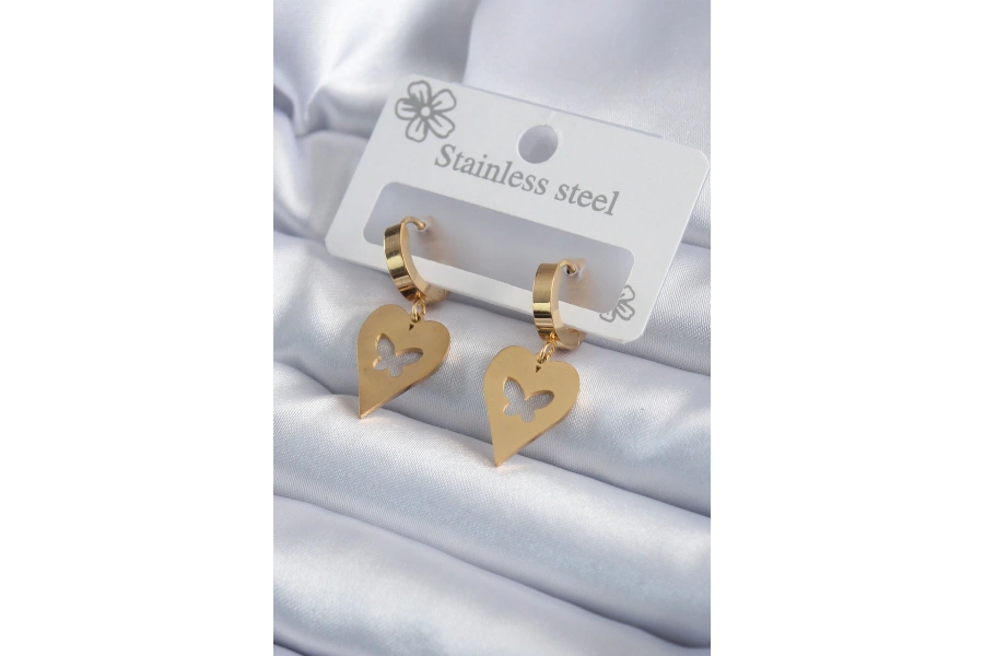 Shoecide 316l Çelik Gold Renk Kalp Model Kelebek İşleme Kadın Küpe