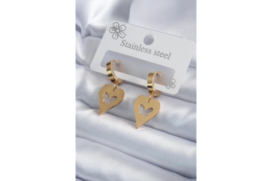 Shoecide 316l Çelik Gold Renk Kalp Model Kelebek İşleme Kadın Küpe