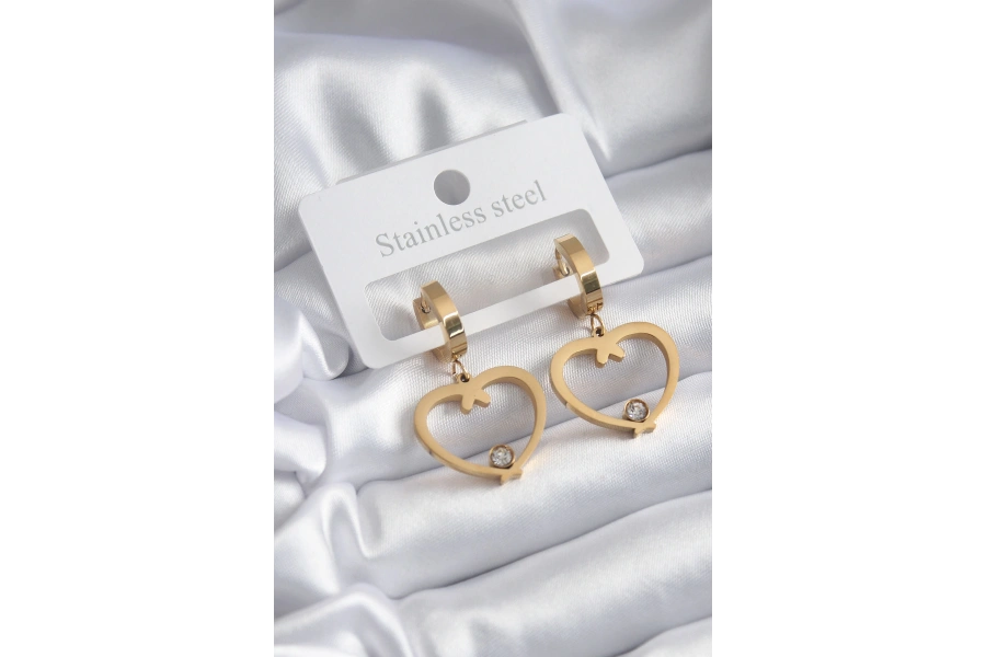 Shoecide 316l Çelik Gold Renk Kalp Model Zirkon Taş Detay Kadın Küpe