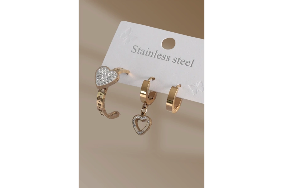 Shoecide 316l Çelik Gold Renk Kalp Model Zirkon Taşlı Kadın Küpe Kombini