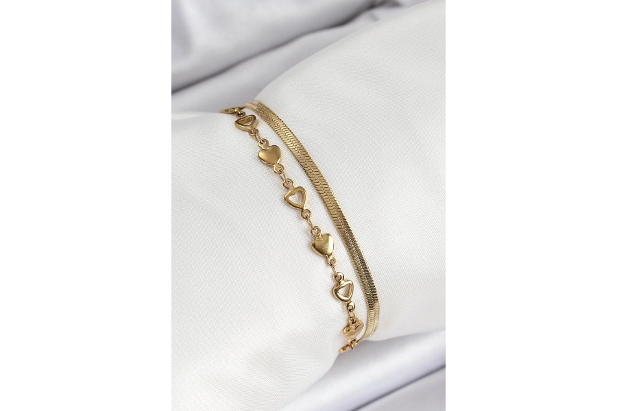 Shoecide 316l Çelik Gold Renk Kalpli Zincir Ve İtalyan Zincirli 2li Kadın Bileklik