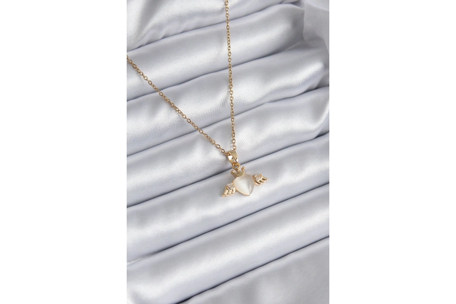 Shoecide 316l Çelik Gold Renk Kanatlı Kalp Model Zirkon Taşlı Kadın Kolye