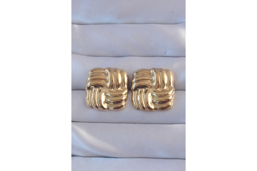 Shoecide 316l Çelik Gold Renk Kare Çizgili Vintage Küpe