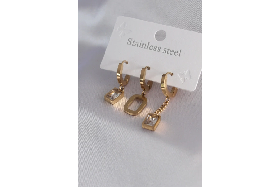 Shoecide 316l Çelik Gold Renk Kare Model Zirkon Taş Detay Kadın Küpe Kombini