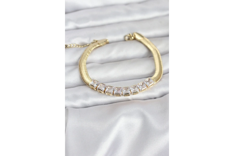 Shoecide 316l Çelik Gold Renk Kare Zirkon Taşlı Yılan Zincirli Kadın Bileklik