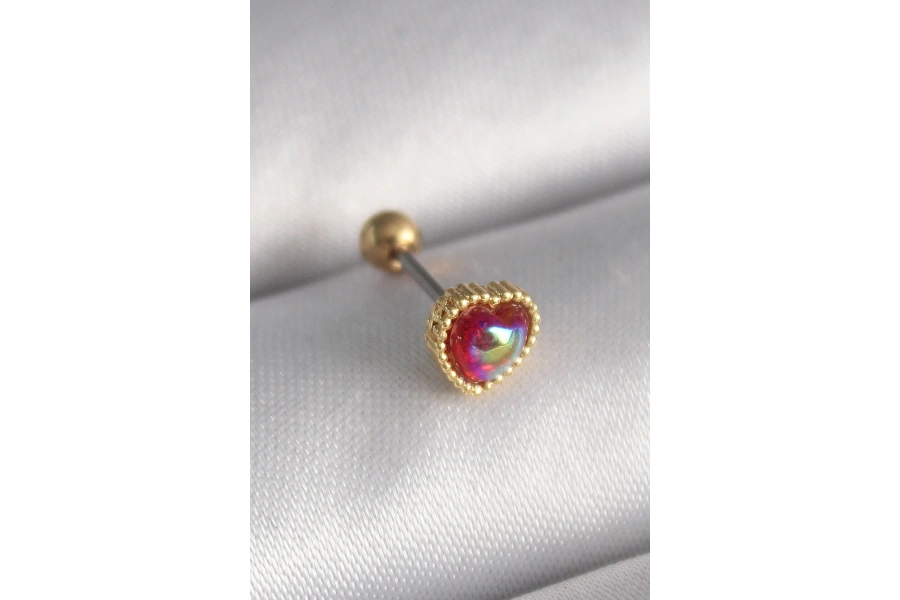 Shoecide 316l Çelik Gold Renk Kırmızı Mineli Kalp Tragus Piercing