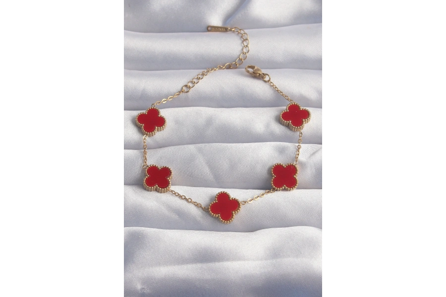 Shoecide 316l Çelik Gold Renk Kırmızı Mineli Yonca Bileklik