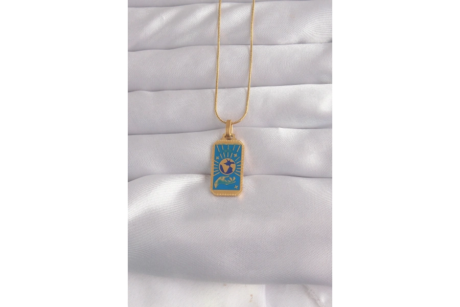 Shoecide 316l Çelik Gold Renk Mavi Mineli El Figür Tarot Kolye