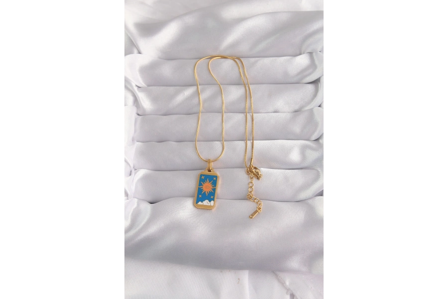 Shoecide 316l Çelik Gold Renk Mavi Mineli Güneş Model Tarot Kolye