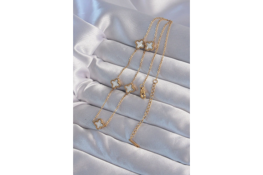 Shoecide 316l Çelik Gold Renk Minimal Beyaz Sedefli Yonca Kolye
