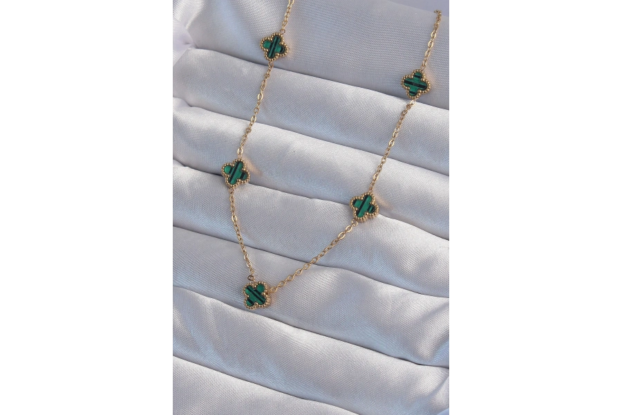 Shoecide 316l Çelik Gold Renk Minimal Yeşil Mineli Yonca Kolye