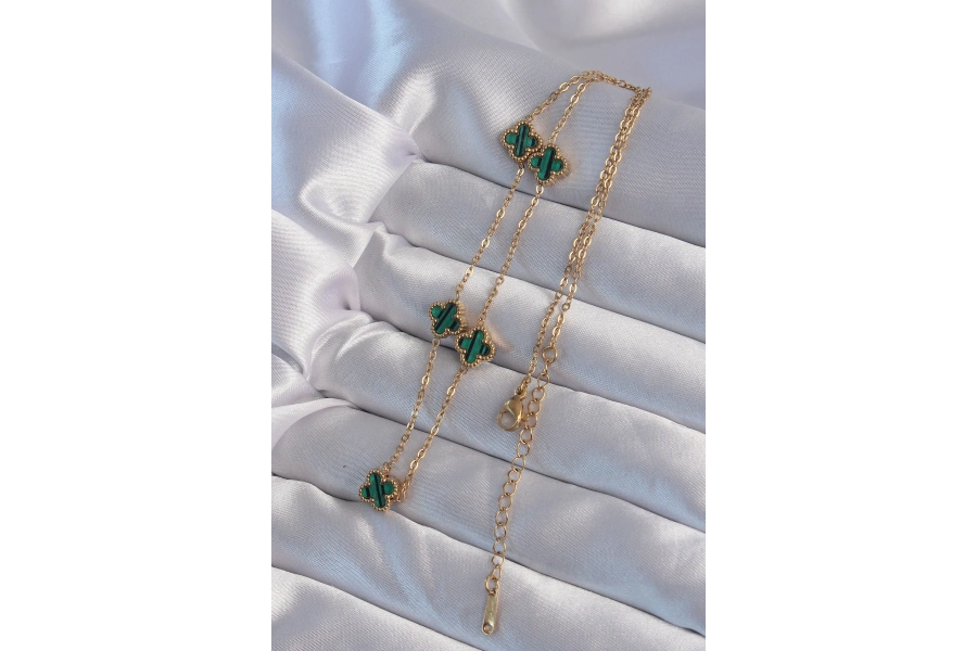 Shoecide 316l Çelik Gold Renk Minimal Yeşil Mineli Yonca Kolye