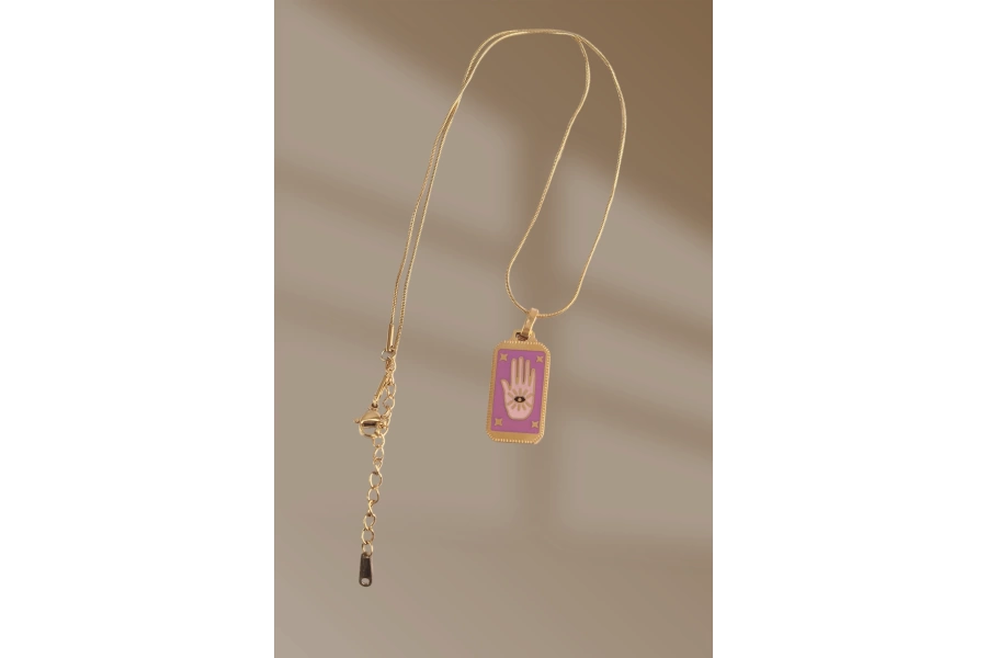 Shoecide 316l Çelik Gold Renk Mor Mineli El Figür Tarot Kolye