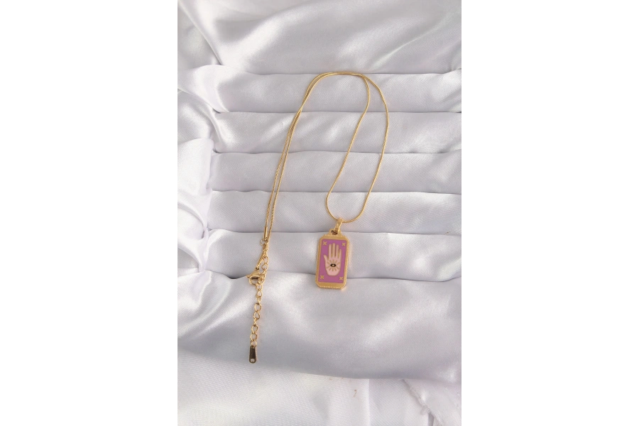 Shoecide 316l Çelik Gold Renk Mor Mineli El Figür Tarot Kolye