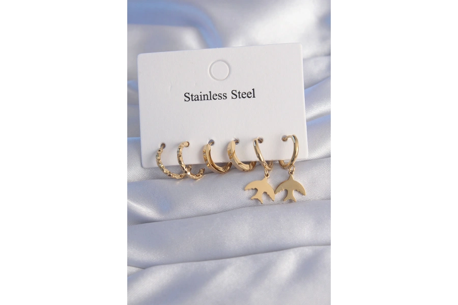 Shoecide 316l Çelik Gold Renk Oval Tasarım Kuş Model Küpe Seti