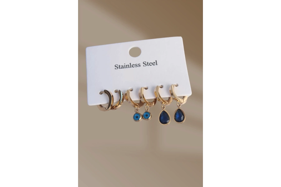 Shoecide 316l Çelik Gold Renk Oval Tasarım Mavi Zirkon Taşlı Damla Model Küpe Seti