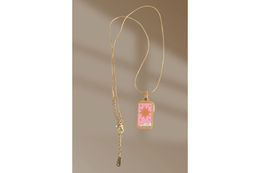 Shoecide 316l Çelik Gold Renk Pembe Mineli Güneş Model Tarot Kolye