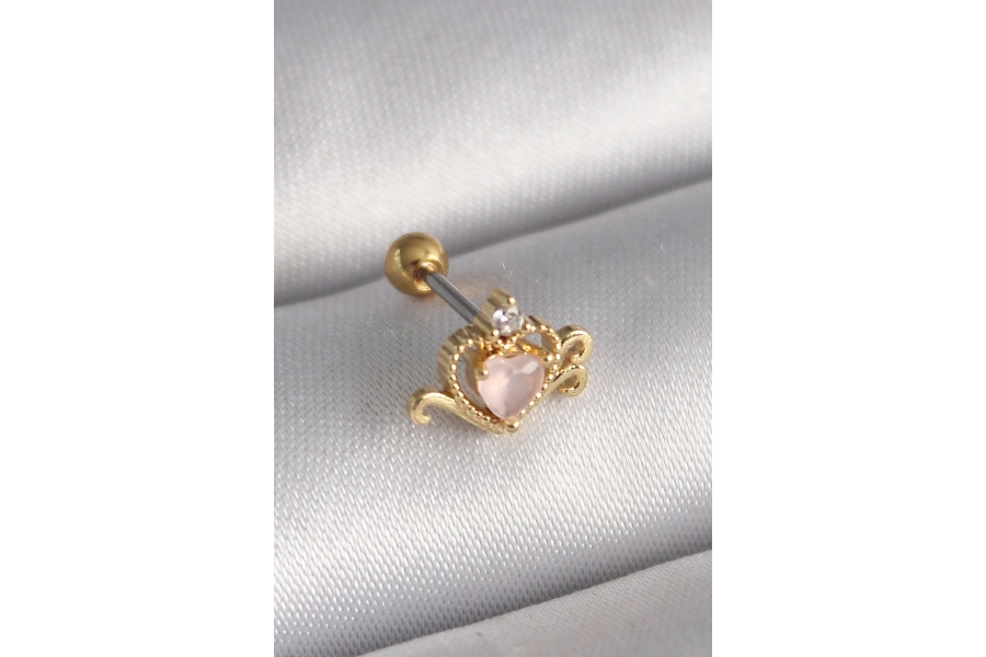 Shoecide 316l Çelik Gold Renk Pembe Mineli Kalp Zirkon Taş Detay Tragus Piercing