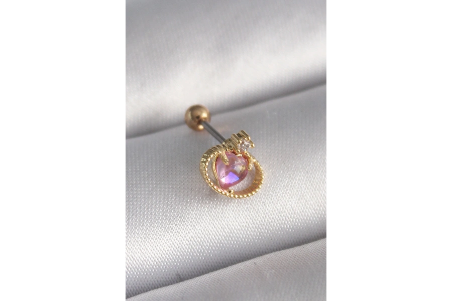 Shoecide 316l Çelik Gold Renk Pembe Mineli Kalp Zirkon Taş Detay Tragus Piercing