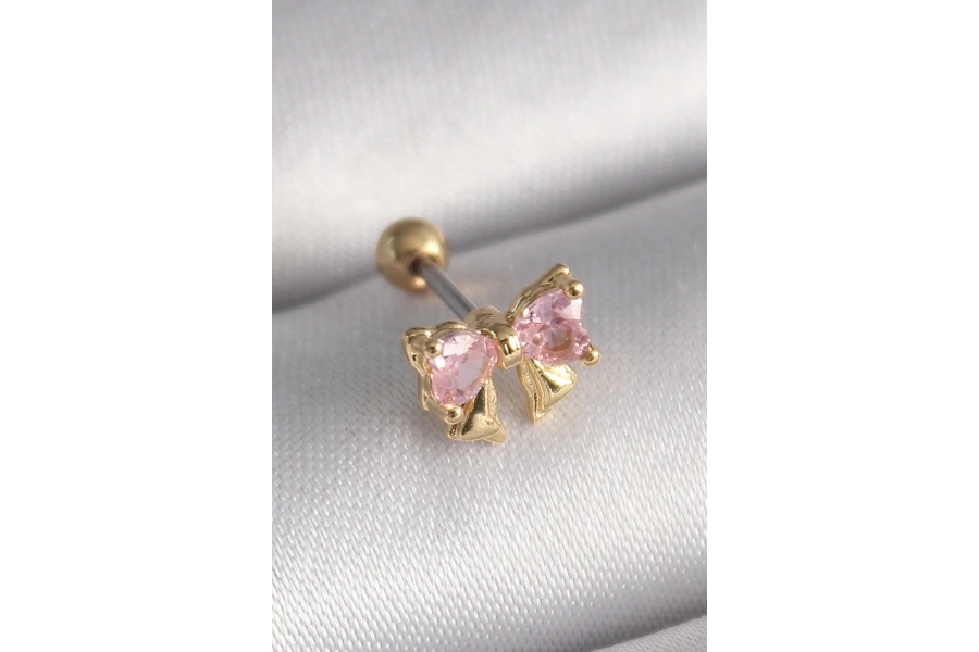 Shoecide 316l Çelik Gold Renk Pembe Zirkon Taşlı Fiyonk Tragus Piercing