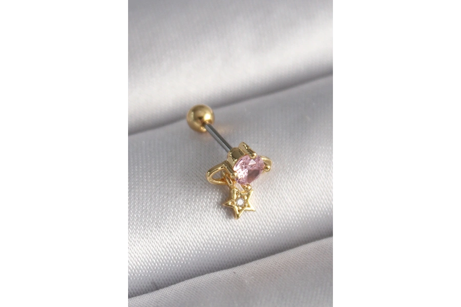 Shoecide 316l Çelik Gold Renk Pembe Zirkon Taşlı Sallantı Yıldız Detay Tragus Piercing