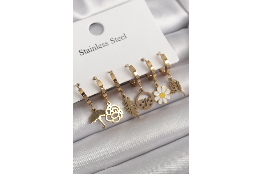 Shoecide 316l Çelik Gold Renk Sallantı Çiçek Model Kadın Küpe Seti