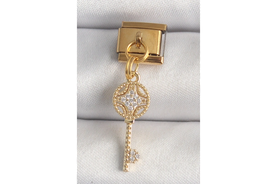 Shoecide 316l Çelik Gold Renk Sallantı Zirkon Taşlı Anahtar Model Nomination Charm