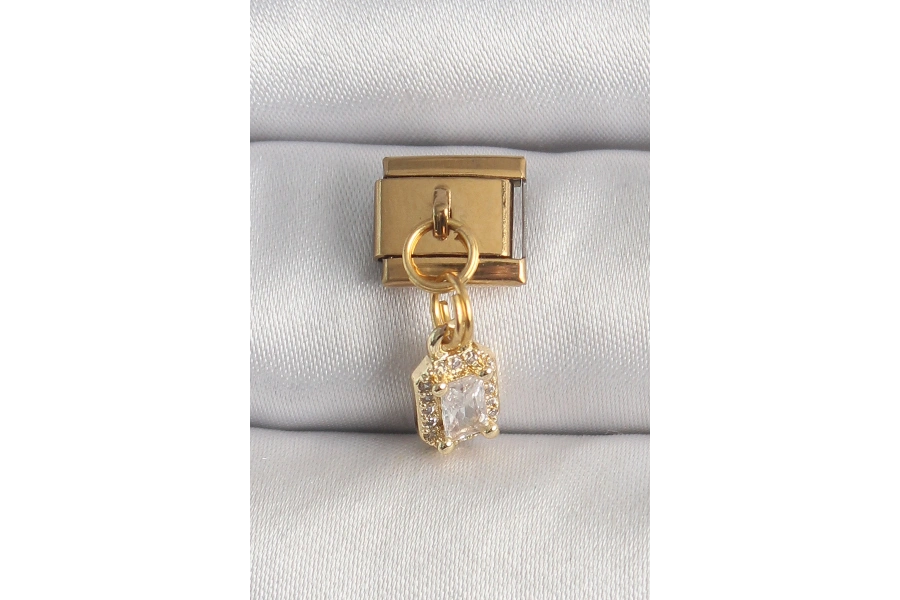 Shoecide 316l Çelik Gold Renk Sallantı Zirkon Taşlı Kare Model Nomination Charm