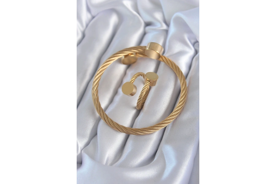 Shoecide 316l Çelik Gold Renk Sarmal Model Erkek Bileklik Yüzük Kombini