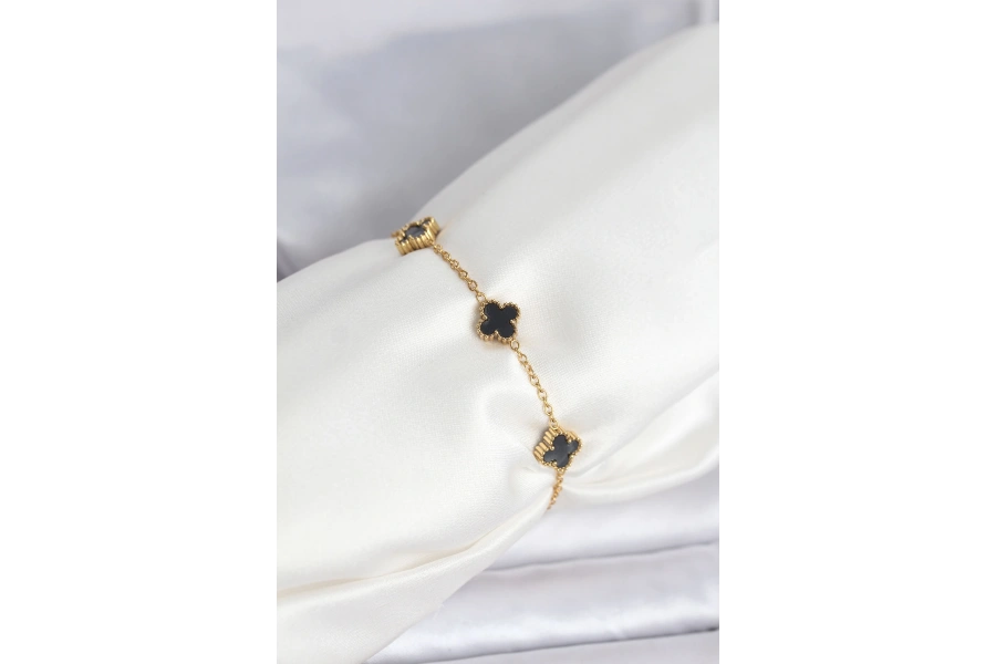 Shoecide 316l Çelik Gold Renk Siyah Baby Boy Yonca Bileklik