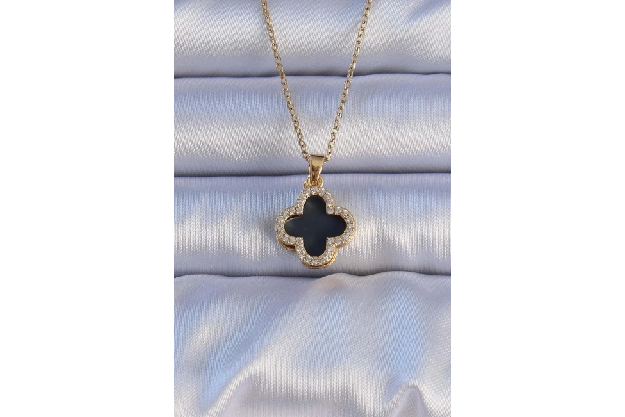 Shoecide 316l Çelik Gold Renk Siyah Mineli Zirkon Taşlı Yonca Figürlü Kolye